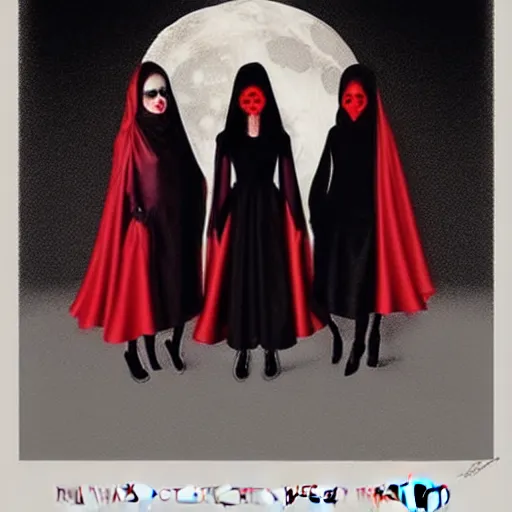 Prompt: in the style of Gottfried Helnwein, three female witches dressed in black with veils:: graveyard:: red moon:: vampire blonde woman::