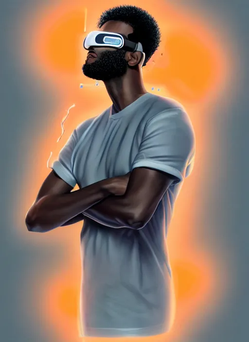 Image similar to handsome black genius hacking the metaverse in a vr headset, white t - shirt and jordans, three dimensional holograms and translucent orange glowing lights, highly detailed, digital painting, artstation, concept art, smooth, sharp focus, illustration, art by wlop, uang guangjian and gil elvgren and sachin teng and greg rutkowski