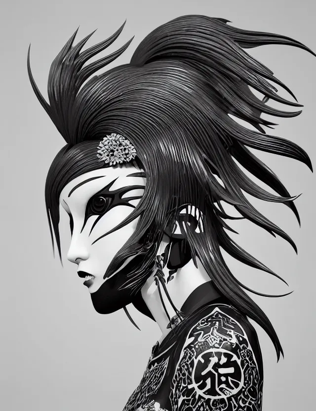 Image similar to 3 d goddess close - up profile simple portrait punk with mohawk with ram skull. beautiful intricately detailed japanese crow kitsune mask and clasical japanese kimono. betta fish, jellyfish phoenix, bio luminescent, plasma, ice, water, wind, creature, artwork by tooth wu and wlop and beeple and greg rutkowski