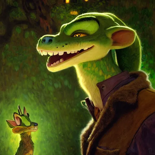 Image similar to a portrait of a male green reptile in farmer clothes at night in a dark forest. zootopia fursona furaffinity furry art detailed face painting by gaston bussiere craig mullins jc leyendecker gustav klimt artgerm greg rutkowski furry