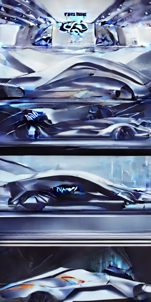 Image similar to sci-fi car zaha hadid wall structure logotype and car on the coronation of napoleon and digital billboard in the middle artwork in style of Ruan Jia Sheng Lam