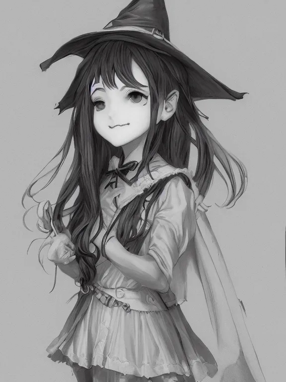 Image similar to Full shot sketch of a cute mischievous young witch about to get up to some trouble. By Range Murata and WLOP and CLAMP and Loish. Lineart only. award winning, Artstation, intricate details, Hyperdetailed, 8k resolution.