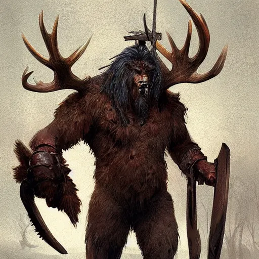 Image similar to hairy barbarian with moose head, digital art, greg rutkowski