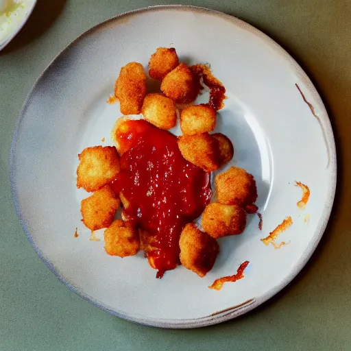 Image similar to food photo of channing tatum's face as tater tot on a plate with ketchup