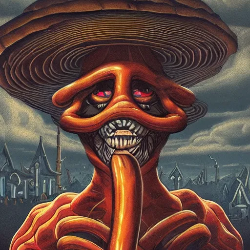 Image similar to A centered chest up portrait of a psychedelic demonic anthropomorphic snake smoking a hand-rolled cigarette smoking heavily , magic mushroom village in background , award winning. superb resolution. in the art style of junji Ito and greg rutkowski . Detailed Mushroom city in background. Hyper realistic anime. Perfect art. Dalle2