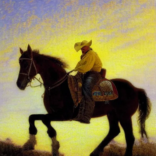 Prompt: horse rider cowboy in yellow jacket against sunset and parked spaceship, oil painting, gaston bussiere, mucha, gerome,