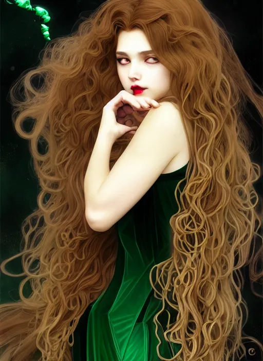 Image similar to young vampire girl, goddess of green velvety malachite and obsidian diamonds and black roses with long curly, golden hair, perfectly proportioned face, brown eyes, sweet smile, strong jawline, natural lighting, path traced, highly detailed, high quality, cartoon, digital painting, by new haicheng and riccardo federici and alphonse mucha