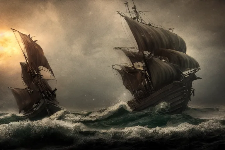 Prompt: epic pirate ship in a storm as cthulhu rises from the sea, in the style of vernon grant and chris van allsburg, trending on artstation, bright tilt - shift camcorder effect, photoshop, retrowave, hyperrealism,