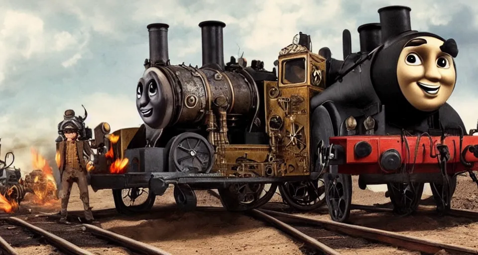 Prompt: steampunk Thomas the Tank Engine with fire in MAD MAX: FURY ROAD