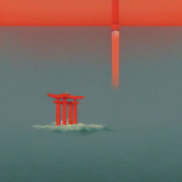 Image similar to a beautiful painting of a torii at sea by simon stalenhag and zdzisław beksinski and rene magritte and greg rutkowski, in style of digital art. hyper detailed, sharp focus, soft light. octane render. ray tracing. trending on artstation