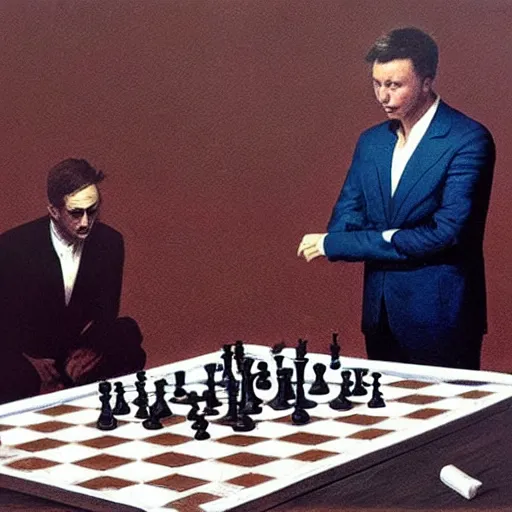 Prompt: elon musk playing chess with zdzisław beksinski