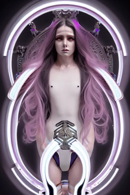 Image similar to symmetrical feminine cyborg goddess rendered in Cinema 4D, elegant and ornate futuristic silk robes, glowing white neon eyes, platinum and obsidian flowing long hair, art by Artgerm and Alphonse Mucha, hyperrealism, full body photogenic shot, digital render, cinematic lighting ornate earrings, 8k resolution, masterpiece work, HDR,