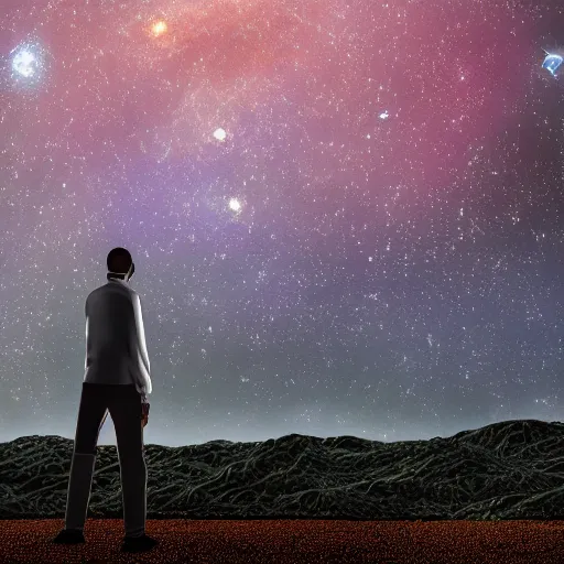 Prompt: a black man with long curly hair, with his back turned, walking into a deep dark florest, Andromeda Galaxy on the background sky, very realistic digital art, wide panoramic shot, 8k, 4k, realistic, detailed, artstationHD, artstationHQ