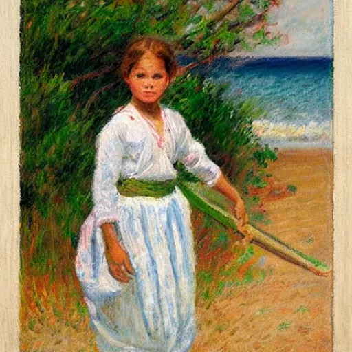 Image similar to by maximilien luce khaki, pastel white composed. the painting of a young girl in a traditional hula outfit. she is standing on a surfboard in front of a beautiful ocean landscape.