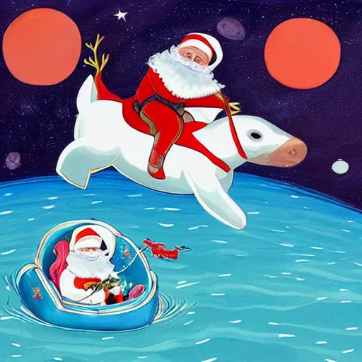 Image similar to santa riding a dolphine with a spacesuit on