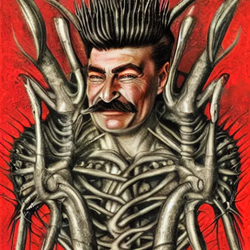 Image similar to bodyhorror portrait of josef stalin abomination, photo - realistic, color image, 2 k, highly detailed, by h. r. giger