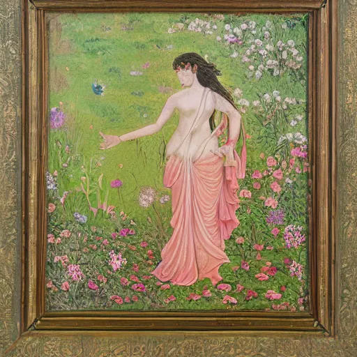 Image similar to detailed painting of a goddess walking through a medow, flowers bloom where she steps