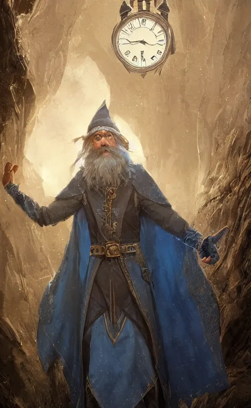 Prompt: portrait of a middle aged elf with a long beard, dressed in a blue cloak with clock iconography, brown hair, raised hand, detailed face, fantasy, highly detailed, cinematic lighting, digital art painting by greg rutkowski