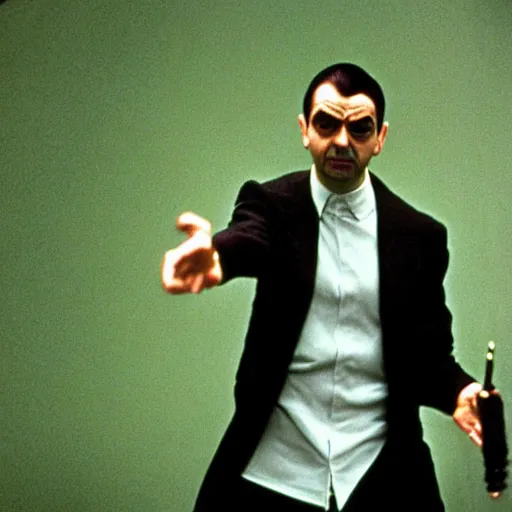 Image similar to Mr Bean as neo in the matrix, fight scene, green tinted, 35mm film