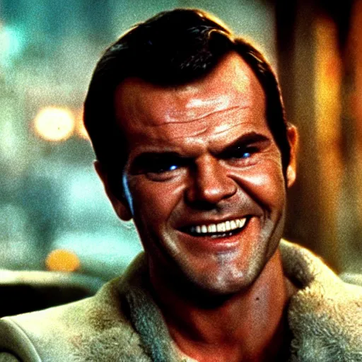 Prompt: very young Jack Nicholson as Rick Deckard on blade runner 1982, smiling, wide angle lens, 35mm, movie still, city lights on the background, in color, movie frame, detailed face, symmetrical face, 4k