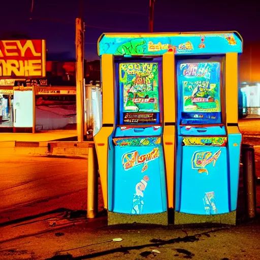 Prompt: a lonely arcade machine at night. beach buildings with graffiti in the background. photograph in the style of simon stalenhag