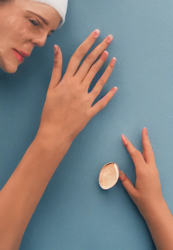 Prompt: photorealistic woman's palm on the table, pov photo, skincare, instagram photo, studio photo, 9 0 mm, f / 1. 4