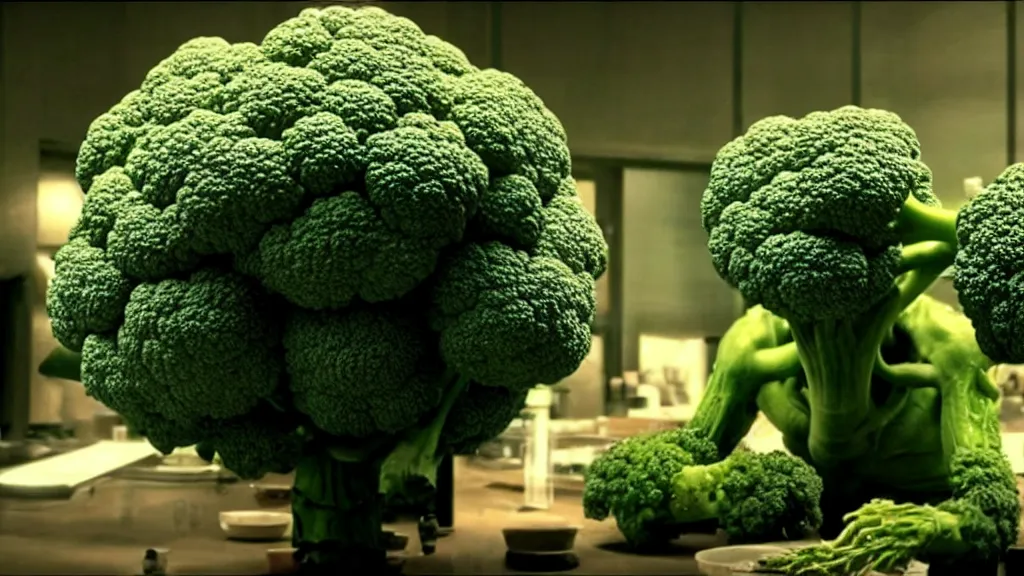 Image similar to the broccoli creature, film still from the movie directed by denis villeneuve and david cronenberg with art direction by salvador dali, wide lens