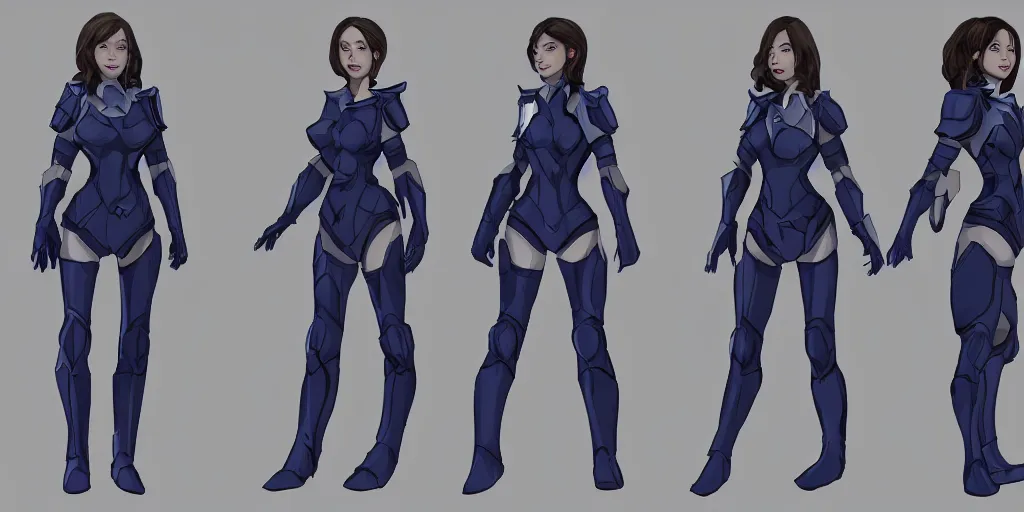 Prompt: character sheet of a beautiful woman with ling dark hair, dark eyes, and a dark blue general sci fi armor