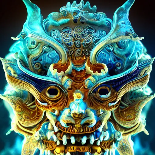 Image similar to 3 d demon close up frontal view, portrait, astral, with ram golden skull. beautiful intricately detailed japanese fractal kitsune mask, water and clasical japanese kimono. betta fish, jellyfish fractal, bio luminescent, plasma, ice, water, wind, creature, mandelbulb, fractal, artwork by tooth wu and wlop and beeple and greg rutkowski