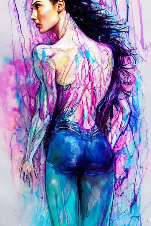 Image similar to gal gadot by agnes cecile enki bilal moebius, intricated details, 3 / 4 back view, full body portrait, extremely luminous bright design, pastel colours, drips, autumn lights