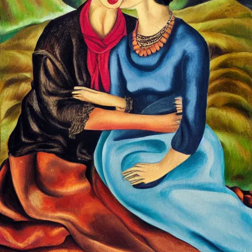 Prompt: oil painting of Frida kahlo and Jane Austen embracing on top of a hill