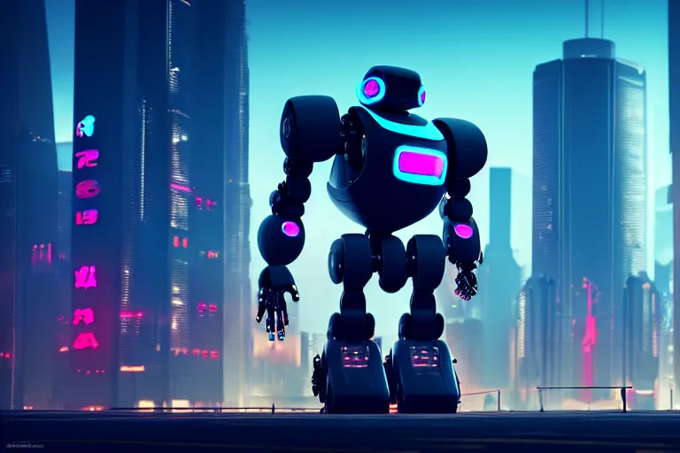 Image similar to a cute big robots in at cyberpunk city. super realistic 8 k render of a elegant, cinematic composition