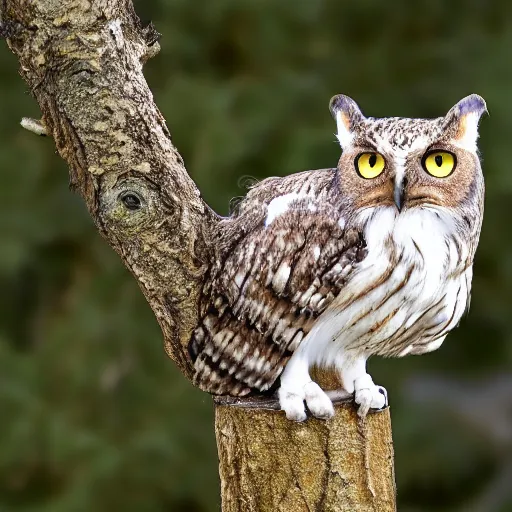 Image similar to winged cat owl hybrid perched on a tree