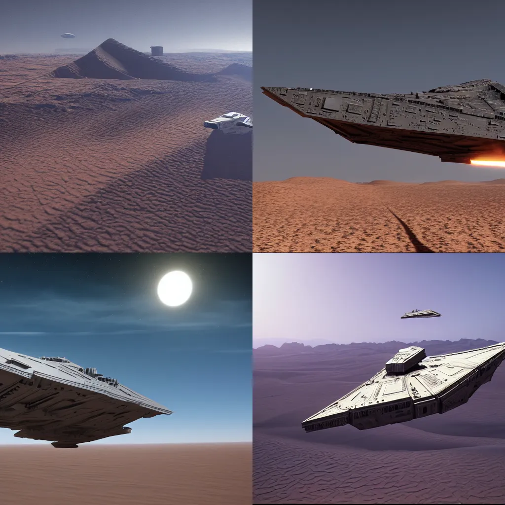 Prompt: star destroyer flying above a desert, 4k ultra Realistic, unreal engine 5 quality, trending on ArtStation