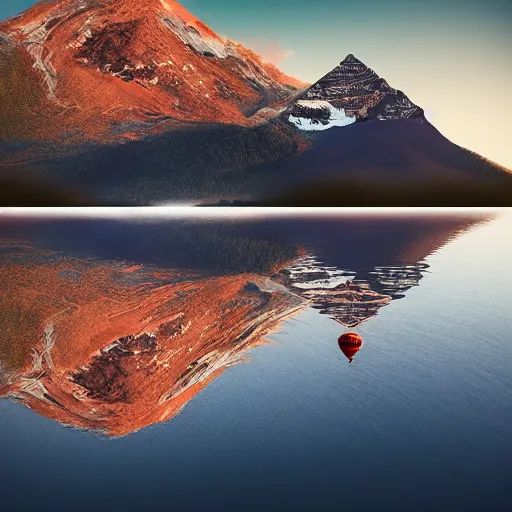 Image similar to realistic extremely detailed photo of a hot air balloon flying above a beautiful reflective mountain lake, two black swans swimming in the lake, touching heads, forming a heart with their necks, granular detail, holographic krypton ion, octane render, 4k, f32,55mm photography, wide angle