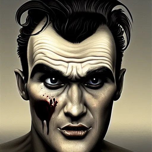 Image similar to portrait of a young and handsome zombie morrissey as a zombie with cuts and with a large quiff and thick eyebrows, 7 days to die zombie, fine art, award winning, intricate, elegant, sharp focus, cinematic lighting, digital painting, 8 k concept art, art by z. w. gu, art by brom, art by michael hussar, 8 k