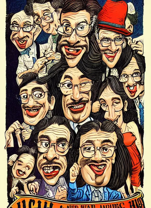 Image similar to caricature by robert crumb, graphic art on a plain background, subdued colors, detailed drawing