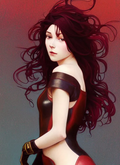 Image similar to pretty young woman with shoulder length shiny shimmering dark red hair and wearing leather suit, path traced, highly detailed, high quality, digital painting, by studio ghibli and alphonse mucha, leesha hannigan, makoto shinkai, disney