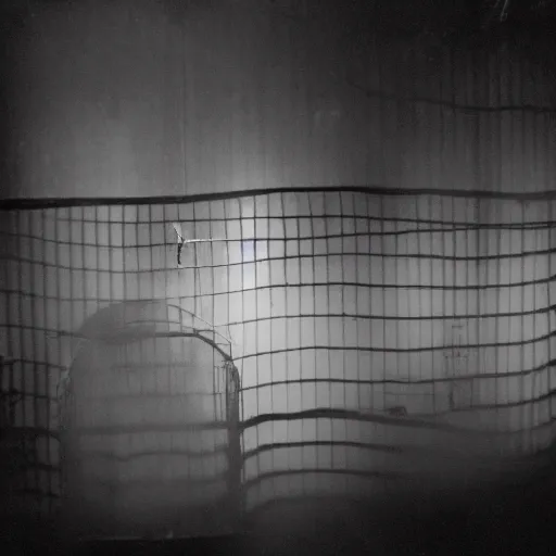 Image similar to a grainy photo of a shadowy figure in a birdcage on a large old abandoned theatre stage, black and white, motion blur, long exposure