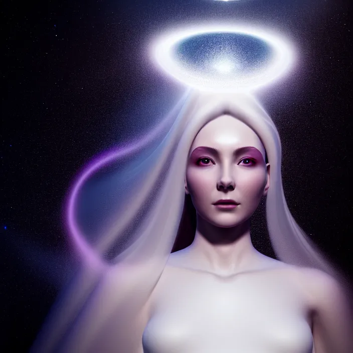 Prompt: a beautiful female goddess portrait, in a flowing white gown, entwined by light frequencies and wiring, octane render, floating in the universe, surrounded by stars and black holes, darkly surreal, light shining through, hyper - realistic, highly detailed, sharp focus, smooth, intricate