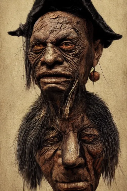 Image similar to portrait, headshot, digital painting, an old witchdoctor in a wooden painted mask, realistic, hyperdetailed, chiaroscuro, concept art, art by frans hals