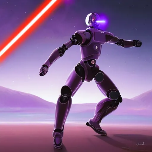 Prompt: humanoid robot in fighting stance wielding lightsaber in front of a violet planet in the sky, hubble, violet planet, stars, hyperrealistic, cinematic, by weta digital, epic action pose, behance hd by jesper ejsing, by rhads, makoto shinkai and lois van baarle, ilya kuvshinov, rossdraws global illumination