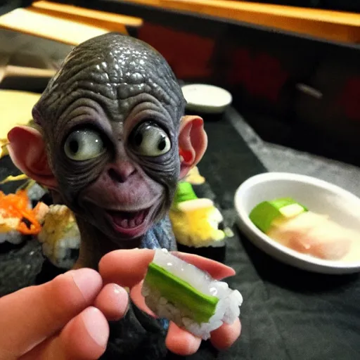 Image similar to Gollum eating sushi, go pro 360 footage air