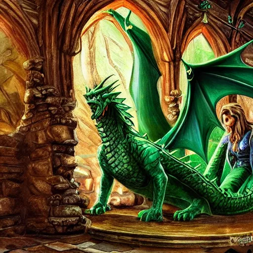 Image similar to fairy tale, painting, large green dragon!!!, venomfang, dnd, inside a castle, four legs, long claws, wide wings, sitting on a small hoard of gold, realistic, dungeons and dragons, cinematic composition, kodachrome, practical effect