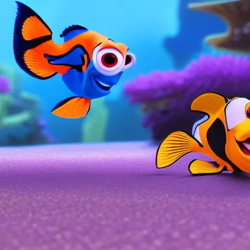 Prompt: cartoon dory and Nemo playing a game together