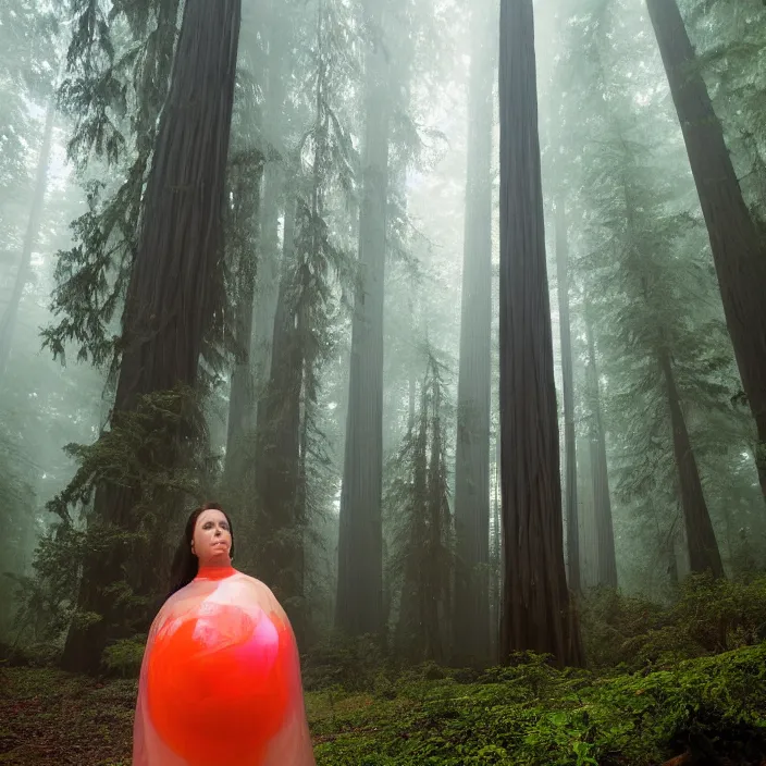 Prompt: a color photograph, closeup portrait of a woman wrapped in plastic, standing next to an agate orb, in a foggy redwood forest, color photograph, by vincent desiderio, canon eos c 3 0 0, ƒ 1. 8, 3 5 mm, 8 k, medium - format print