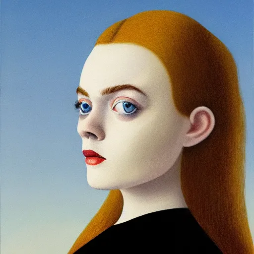 Image similar to professional painting of Elle Fanning in the style of Rene Magritte, head and shoulders portrait, symmetrical facial features, smooth, sharp focus, illustration, intricate, stormy weather, extremely detailed masterpiece,