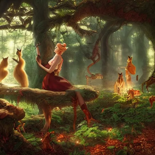 Image similar to a fairytale forest full of cats, light and shadow, by Gil Elvgren and artgerm, WLOP, Felix Kelly and Greg Rutkowski and Gerardo Dottori, high detail, precision detail