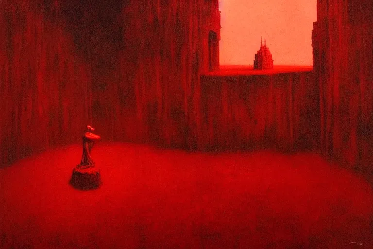 Image similar to only with red, in a red dream world, a crimson tiger, a castle in the background, medieval demons, an ancient path in the style of beksinski, part by hopper, part by rodcenko, part by hofbauer, intricate composition, red by caravaggio, insanely quality, highly detailed, masterpiece, red light, artstation