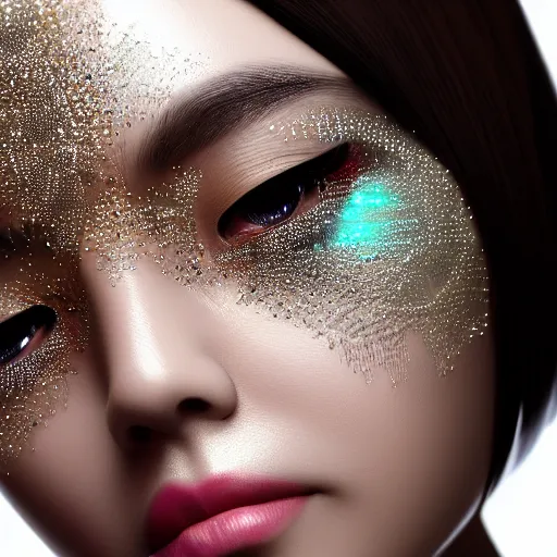 Image similar to asian woman closeup face portrait, face covered with chrome liquid stripes and glowing gems, highly detailed face, elegant pose, intricate, extremy detailed, cgsociety, unreal engine, octane render,, highly detailed 4 k art